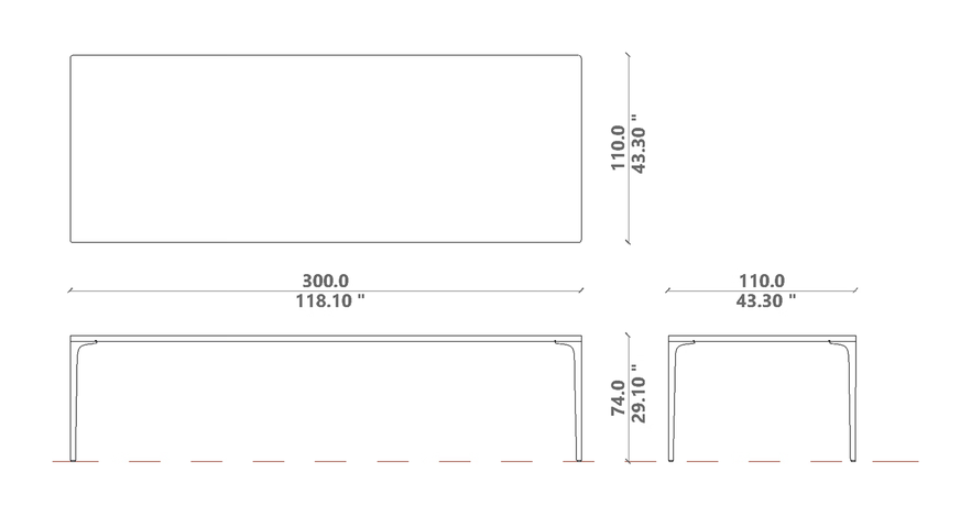 Soul Dining Table by Talenti, size drawing: 300 × 110 × H 74