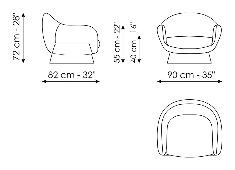 Boolean Armchair with Covered Base by Bonaldo, size drawing: Boolean armchair - fixed base