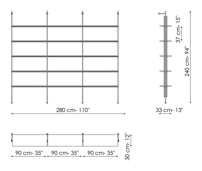 Roll Bookshelf by Bonaldo, size drawing: Wall fixing 3 modules