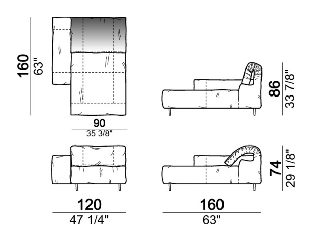 Crazy Diamond Sofa by Arketipo, size drawing: Chaise-longue with right or left short arm