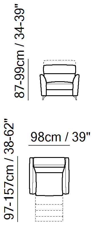Stan Sectional by Natuzzi Italia: Chair with electric recliner function, outline drawing with sizes