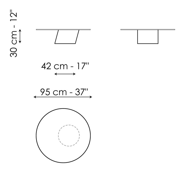 Pisa Coffee Table by Bonaldo, size drawing: Pisa Ø95 - version with top