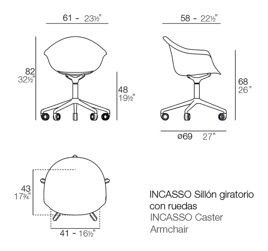 Incasso Swivel Armchair With Caster by Vondom, size drawing