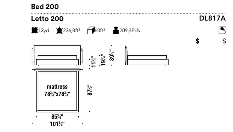 Bed Camp by Moroso, size drawing: Bed 200