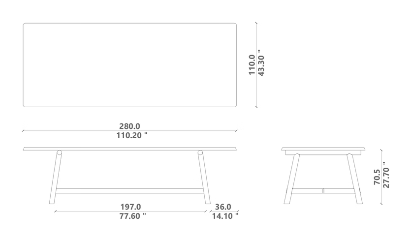 Hydra Dining Table by Talenti, size drawing: 280 × 110