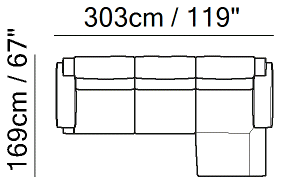 Iago Sectional by Natuzzi Italia: Modular sofa with chaise lounge, outline drawing with sizes