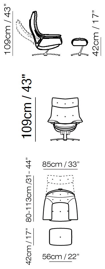 Re-Vive Club Recliner by Natuzzi Italia: Re-Vive armchair with footrest, outline drawing with sizes