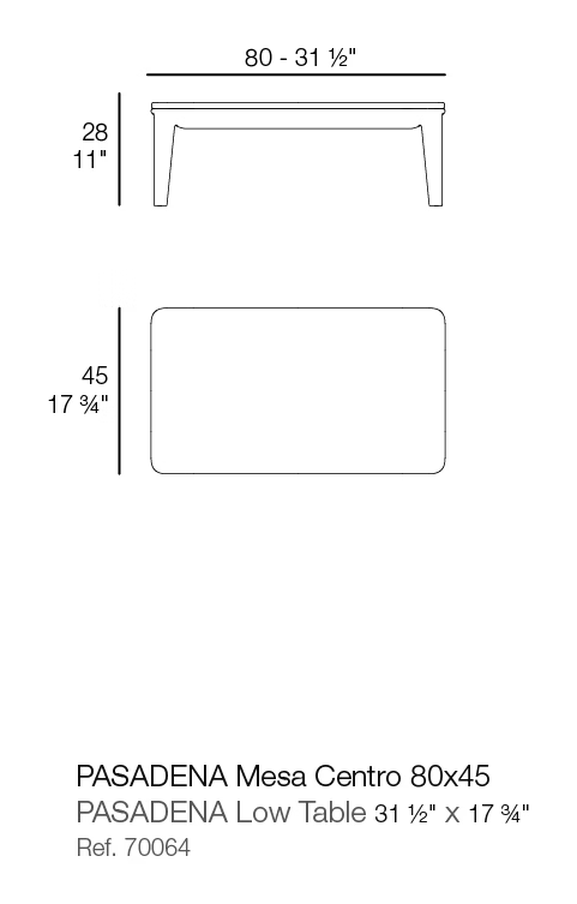 Pasadena Coffee Table 80 × 45 × 28 by Vondom, size drawing