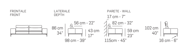 Pacific Square Sofa by Nicoline, size drawing: Front and side views