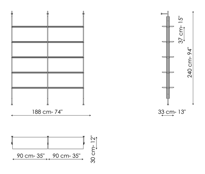 Roll Bookshelf by Bonaldo, size drawing: Wall fixing 2 modules