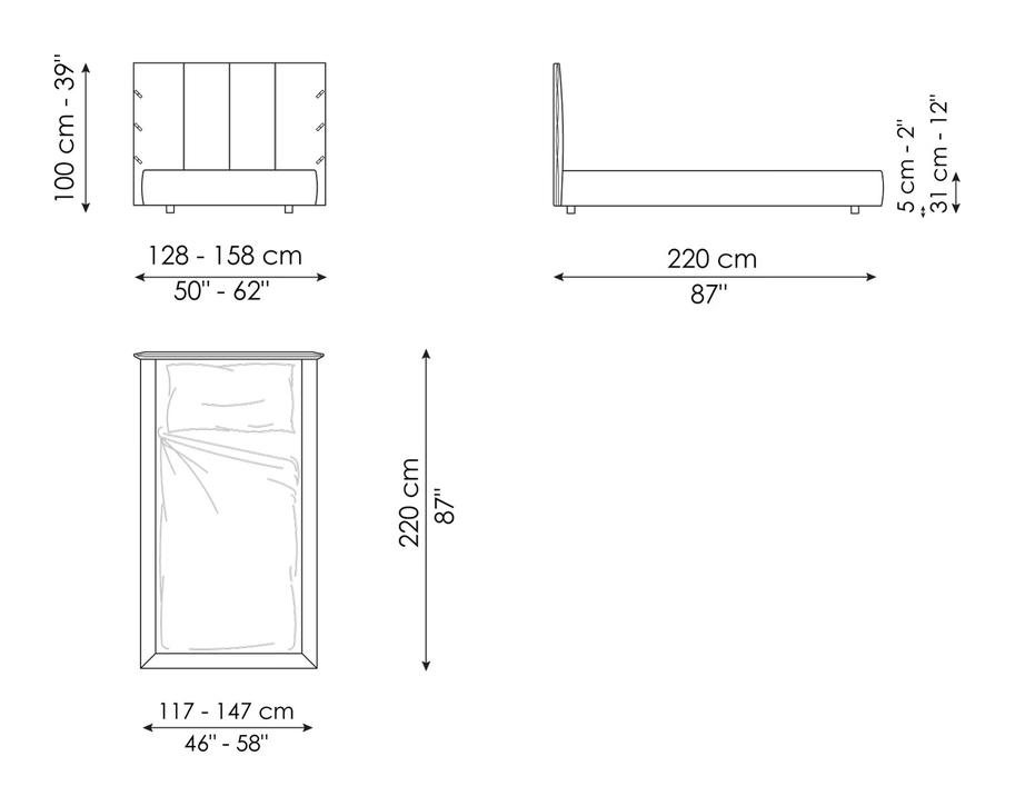 Cuff Single Bed by Bonaldo, size drawing: Cuff plus