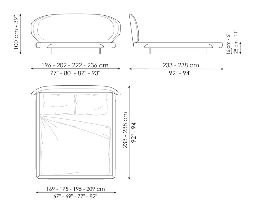 Olos Bed by Bonaldo, size drawing: Olos bed
