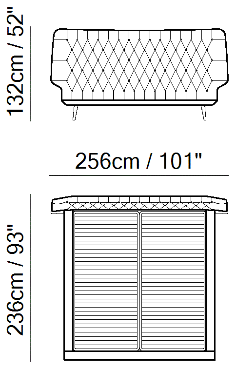Dolcevita Bed by Natuzzi Italia: Bed with split mesh 193X203, outline drawing with sizes