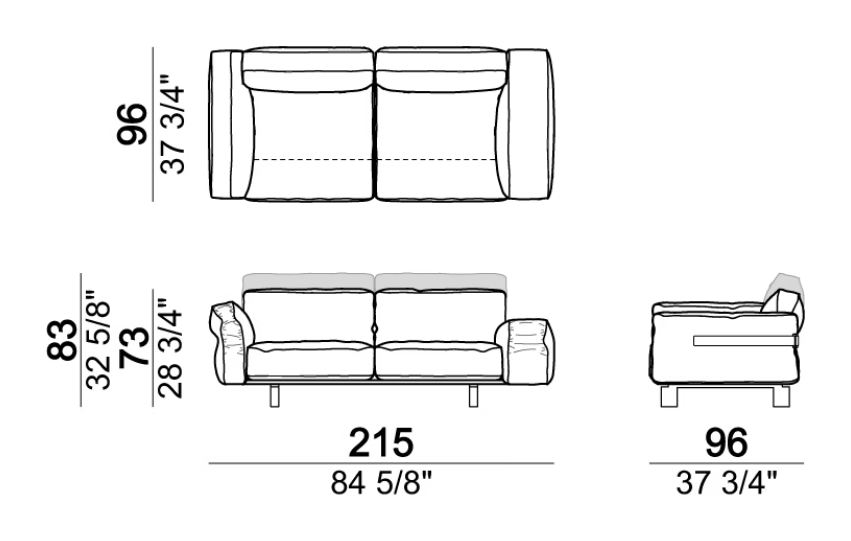 Close To Me Sofa by Arketipo, size drawing: Sofa COMBO, 2 seats 80 cm
