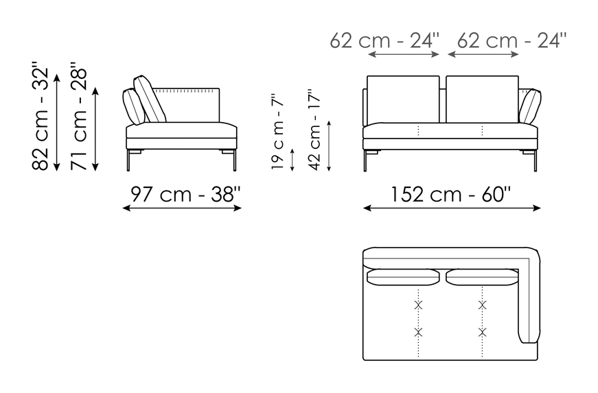 Aliante Sofa by Bonaldo, size drawing: End section sofa 152