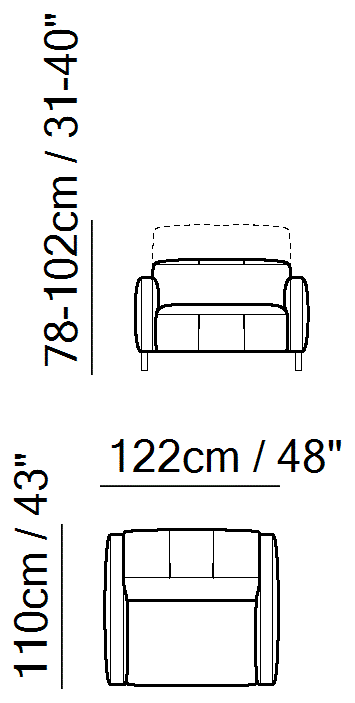 Sophy Sectional by Natuzzi Italia: One-and-a-half-seater chair, outline drawing with sizes