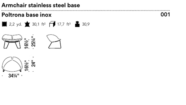Fjord Armchair, Sled Base by Moroso, size drawing: Armchair stainless steel base