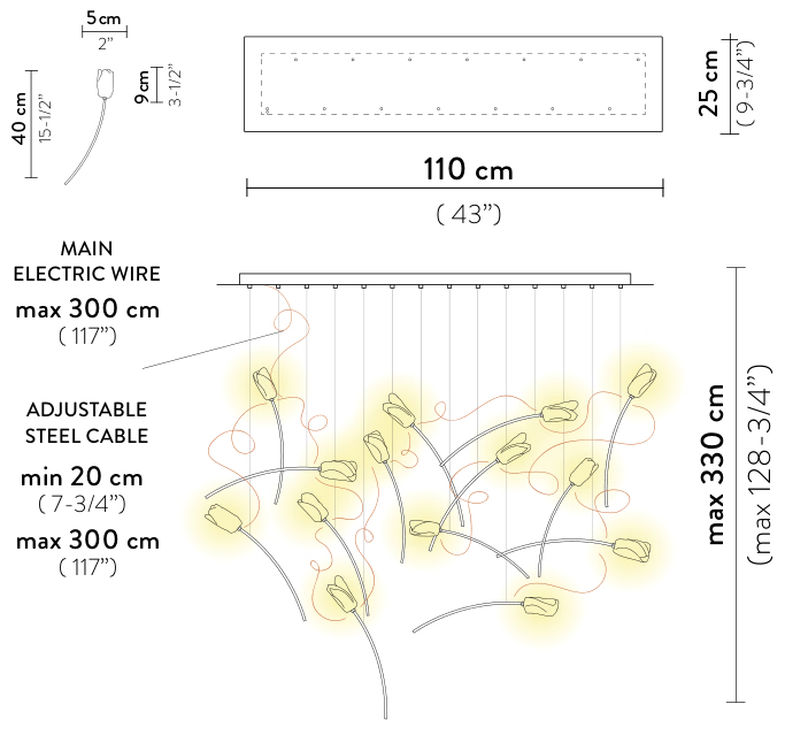 Tulip Pendant Lamp by Slamp, size drawing: Tulip Suspension 14 Linear