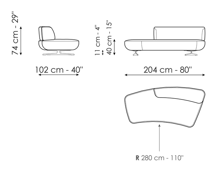 Grant Sofa by Bonaldo, size drawing: Curved penisola