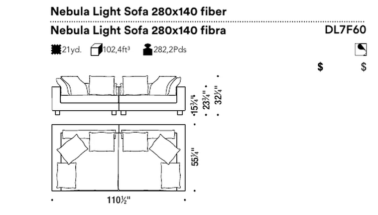 Nebula Light Sofa by Moroso, size drawing: Nebula Light Sofa 280x140 fiber