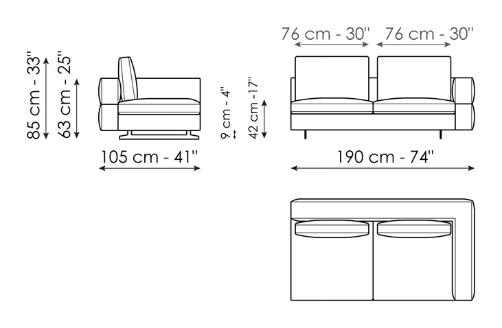 Ever More Sofa by Bonaldo, size drawing: End section sofa 190