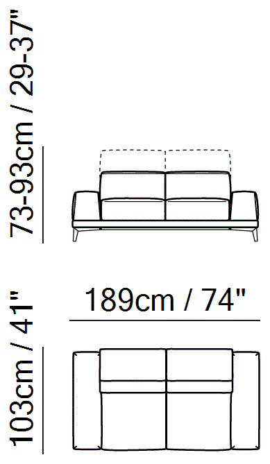 Borghese Sectional by Natuzzi Italia: 2-Seat Sofa, Metal Base, outline drawing with sizes