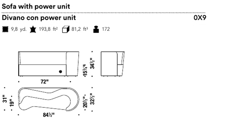 Taba Sofa by Moroso, size drawing: Sofa with power unit