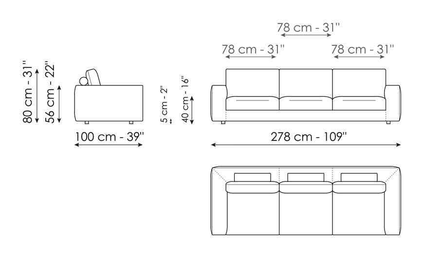 Superhiro Sofa by Bonaldo, size drawing: Sofa 278