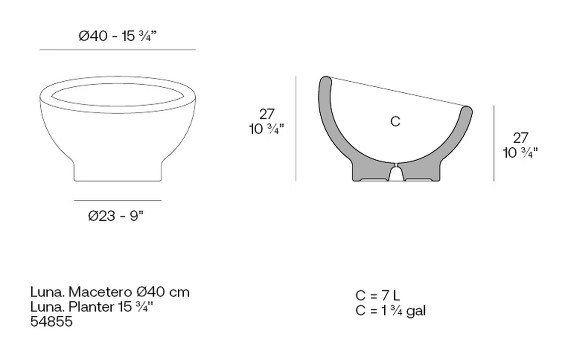 Luna Planter by Vondom, size drawing