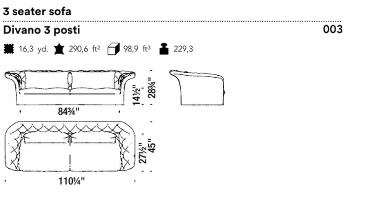 Bohemian Sofa by Moroso, size drawing: 3 seater sofa