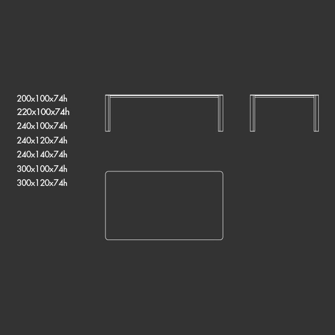 Kodo Indoor Dining Table by Sovet, size drawing: Rectangular