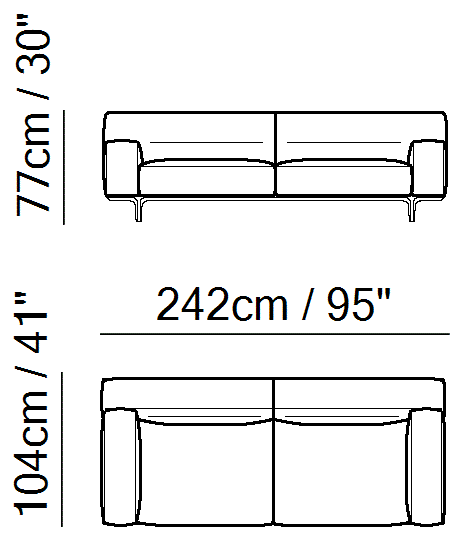 Kendo Sectional by Natuzzi Italia: Three-seater sofa, outline drawing with sizes