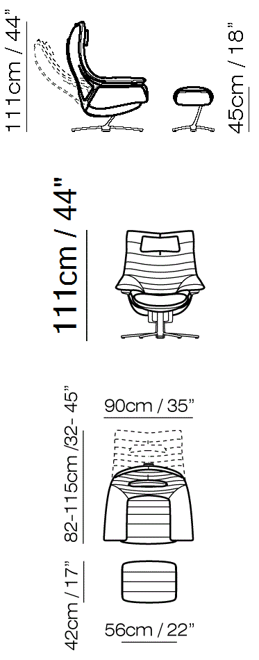 Re-Vive Lounge Recliner by Natuzzi Italia: Re-Vive armchair with footrest and headrest, outline drawing with sizes