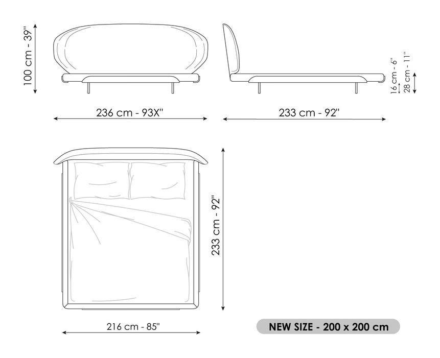 Olos Bed by Bonaldo, size drawing: Olos bed (200x200)