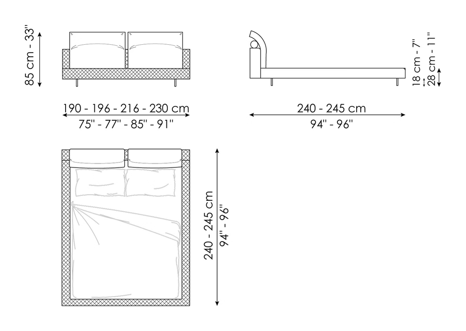 Owen Double Bed by Bonaldo, size drawing: Owen ego