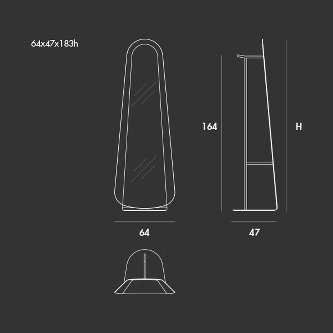 Clessidra Freestanding Mirror by Sovet, size drawing