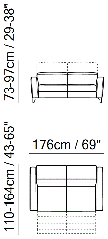Volo Sectional by Natuzzi Italia: Two-seater sofa with two electric recliner functions, outline drawing with sizes