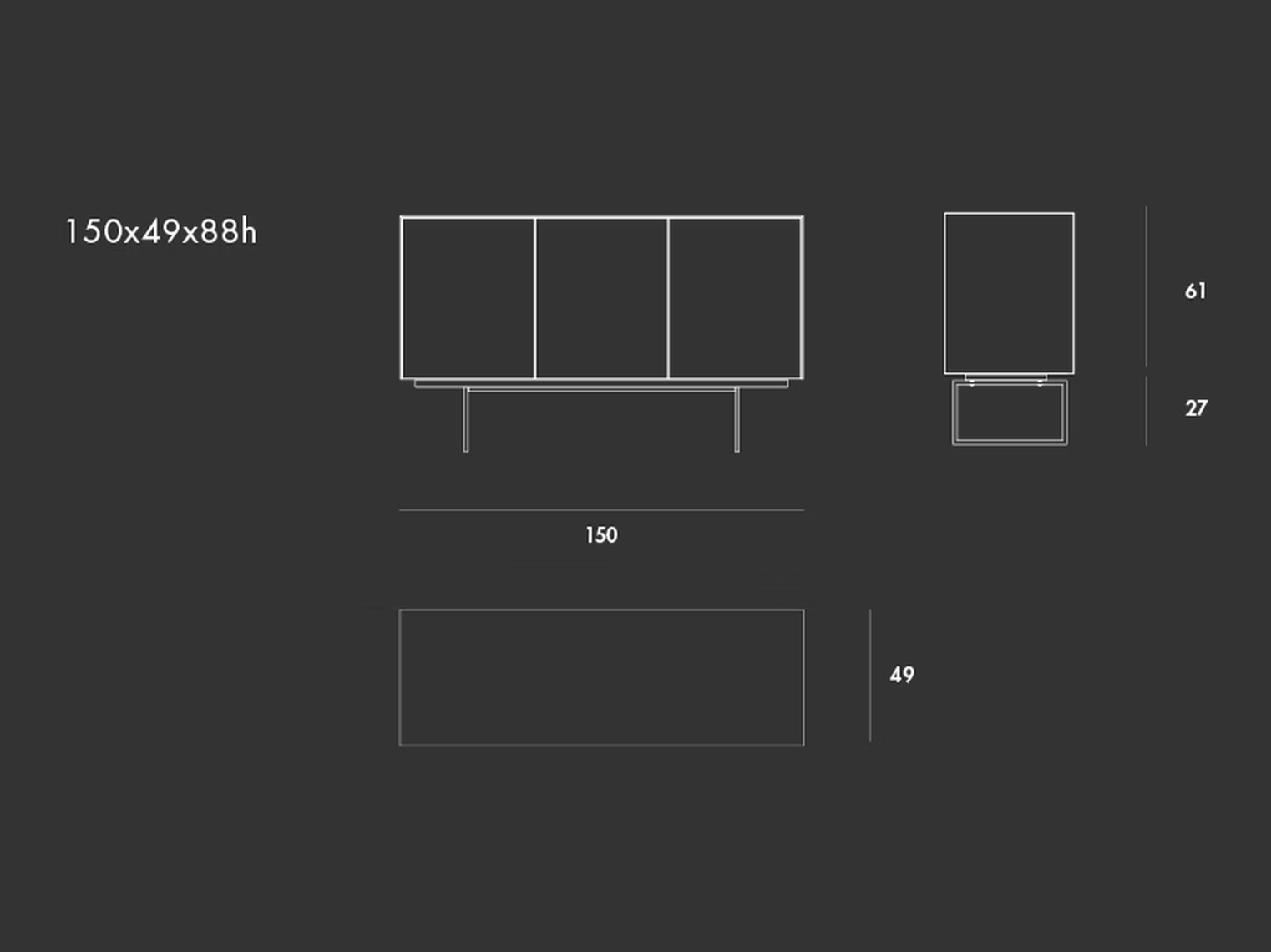 Magda Sideboard by Sovet, size drawing: 3 doors, H 88