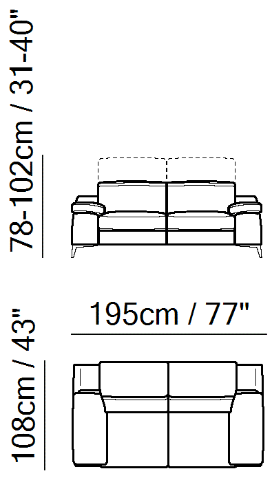 Duca Sectional by Natuzzi Italia: Two-seater sofa, outline drawing with sizes