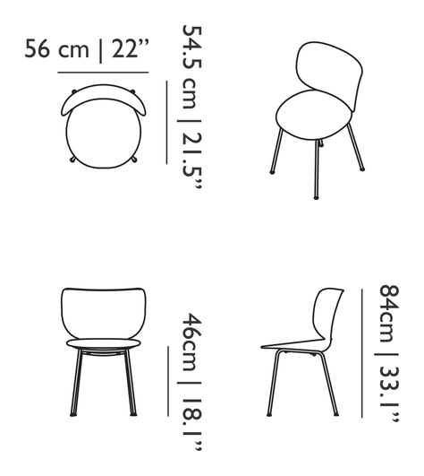 Hana Chairs Un-Upholstered Set of 2 by Moooi, size drawing: Non-Stackable
