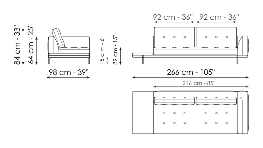 Maximilian Sofa by Bonaldo, size drawing: End section with tray 266