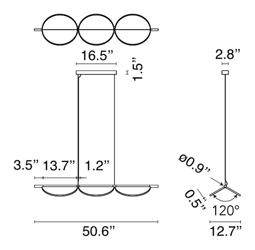 Almendra Linear Pendant Lamp by Flos, size drawing: Almendra Linear Suspension 3