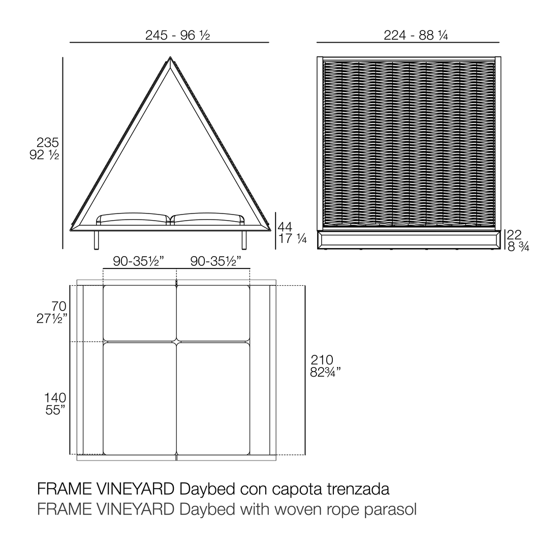 Vineyard Daybed, Woven Rope Roof by Vondom, size drawing