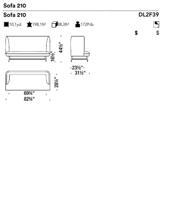 Gimme Shelter Sofa by Moroso, size drawing: Sofa 210