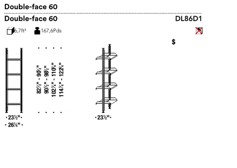 Mecano Bookcase by Moroso, size drawing: Double-face 60