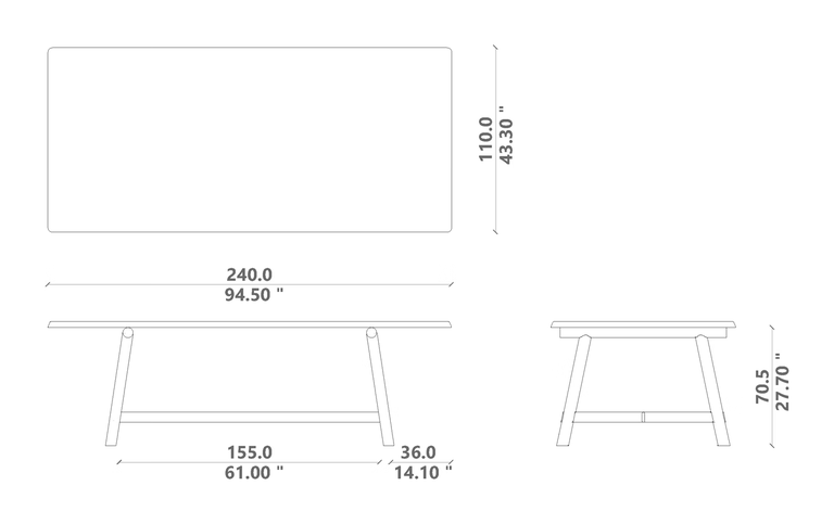 Hydra Dining Table by Talenti, size drawing: 240 × 110