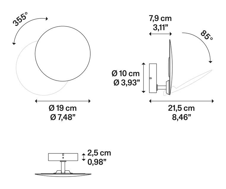 Puzzle Single Round Wall Light by Lodes, size drawing: Puzzle Single Round