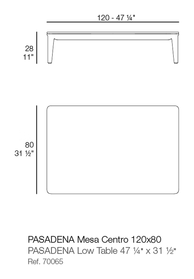 Pasadena Coffee Table 120 × 80 × 28 by Vondom, size drawing