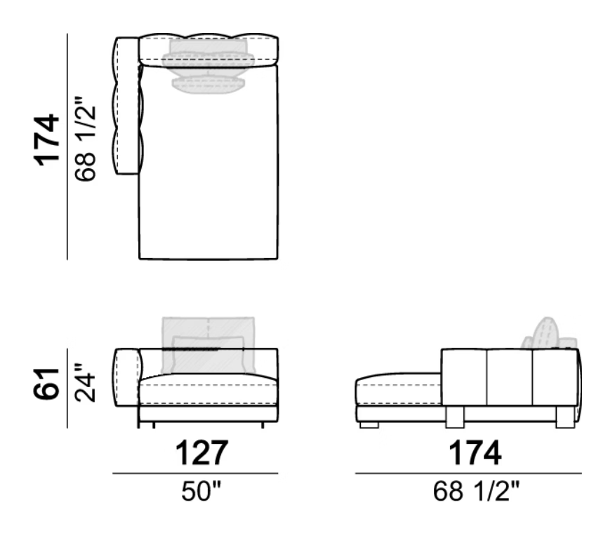 Milky Way Sofa by Arketipo, size drawing: Chaise-longue with right or left short arm