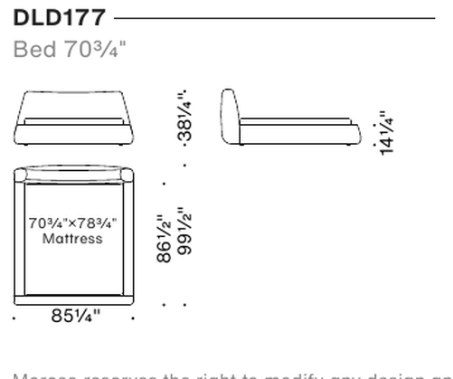 Baggy Bed by Moroso, size drawing: Bed 70¾"